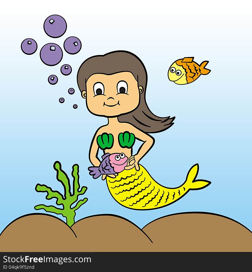 An illustration of a cute young mermaid under the sea with her pet fish. An illustration of a cute young mermaid under the sea with her pet fish