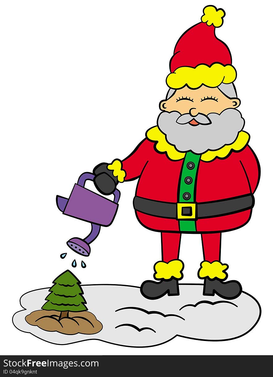 A humorous illustration of Santa Claus watering a small Christmas tree. A humorous illustration of Santa Claus watering a small Christmas tree