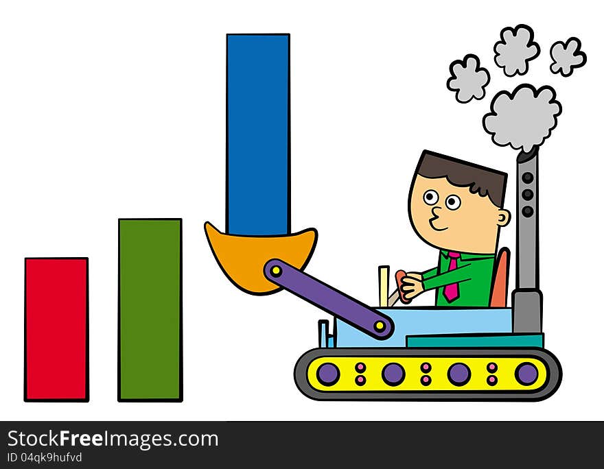 Illustration of three bar graphs, the third and highest one is being lifted by a tractor driven by a cartoon business man. Illustration of three bar graphs, the third and highest one is being lifted by a tractor driven by a cartoon business man