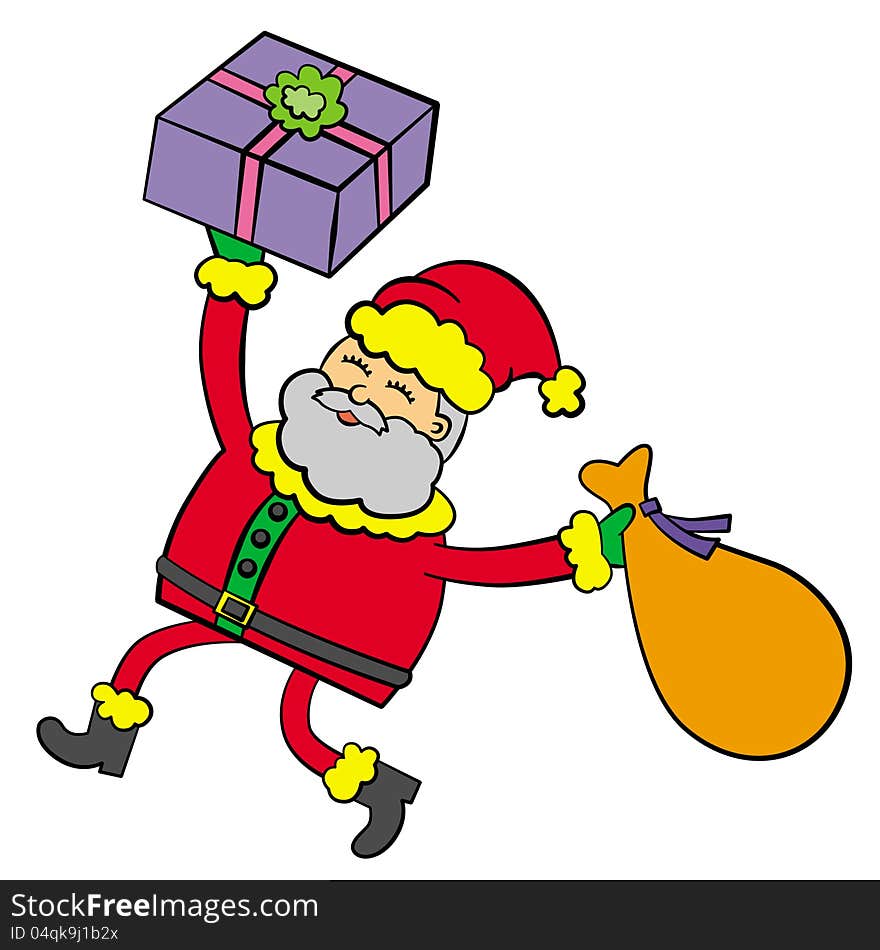 A cartoon illustration of Santa Claus running while holding a gift in his right hand. A cartoon illustration of Santa Claus running while holding a gift in his right hand