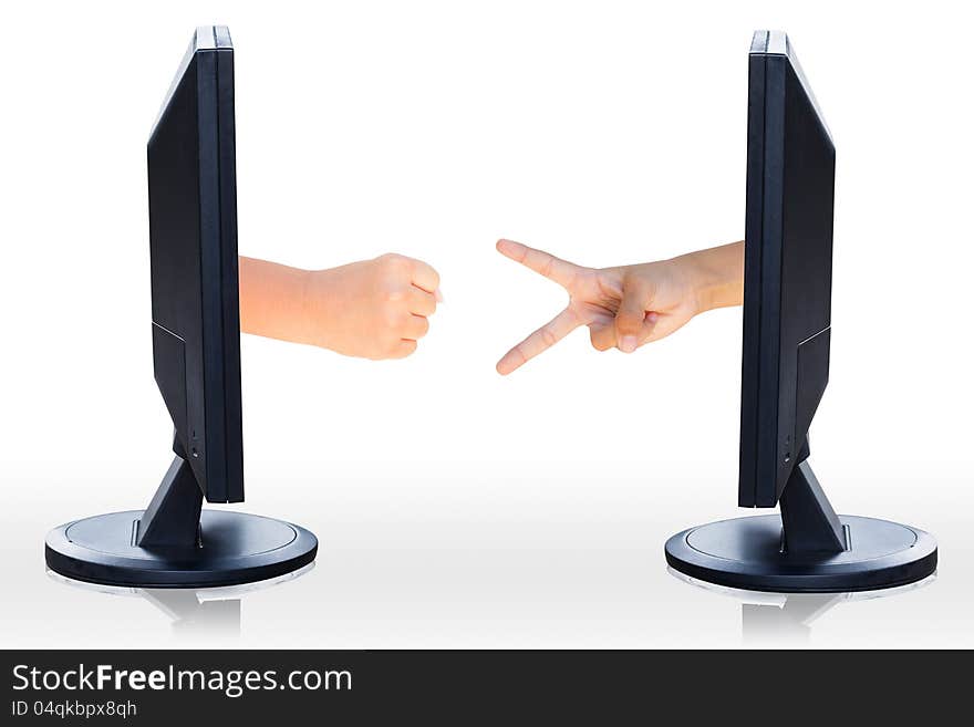 Computer LCD flat panel monitor with hand plaing Hammer Paper Scissors