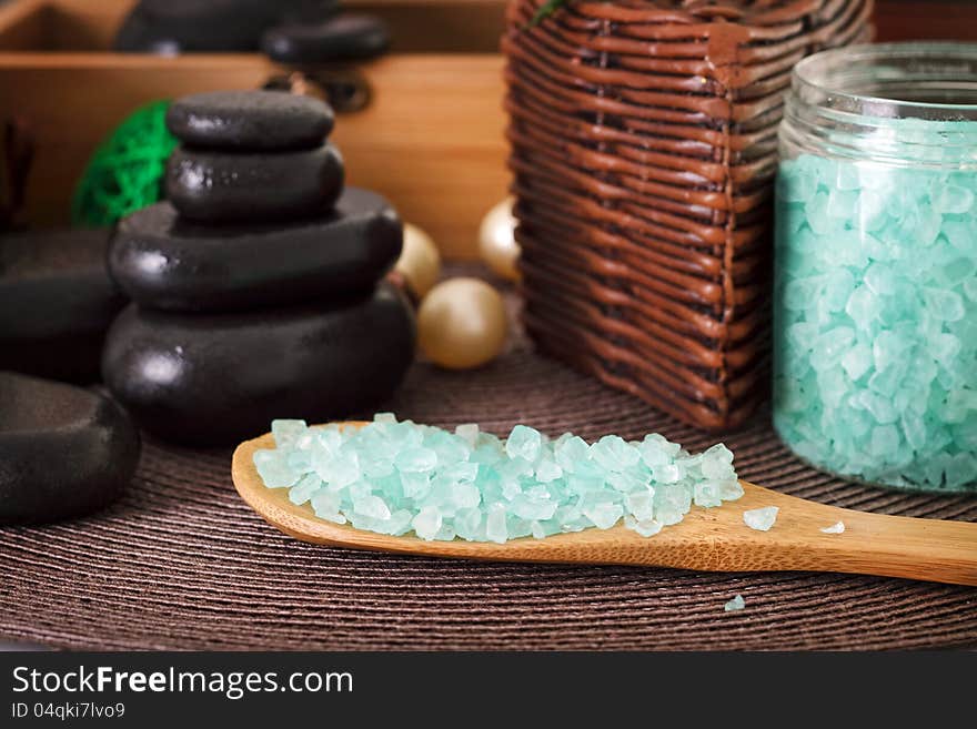 Spa still life. Close-up of spoon with blue salt. Spa still life. Close-up of spoon with blue salt