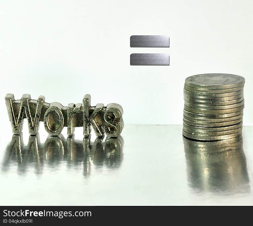 Words of works steel letter with mean mark and stack of coins . Words of works steel letter with mean mark and stack of coins