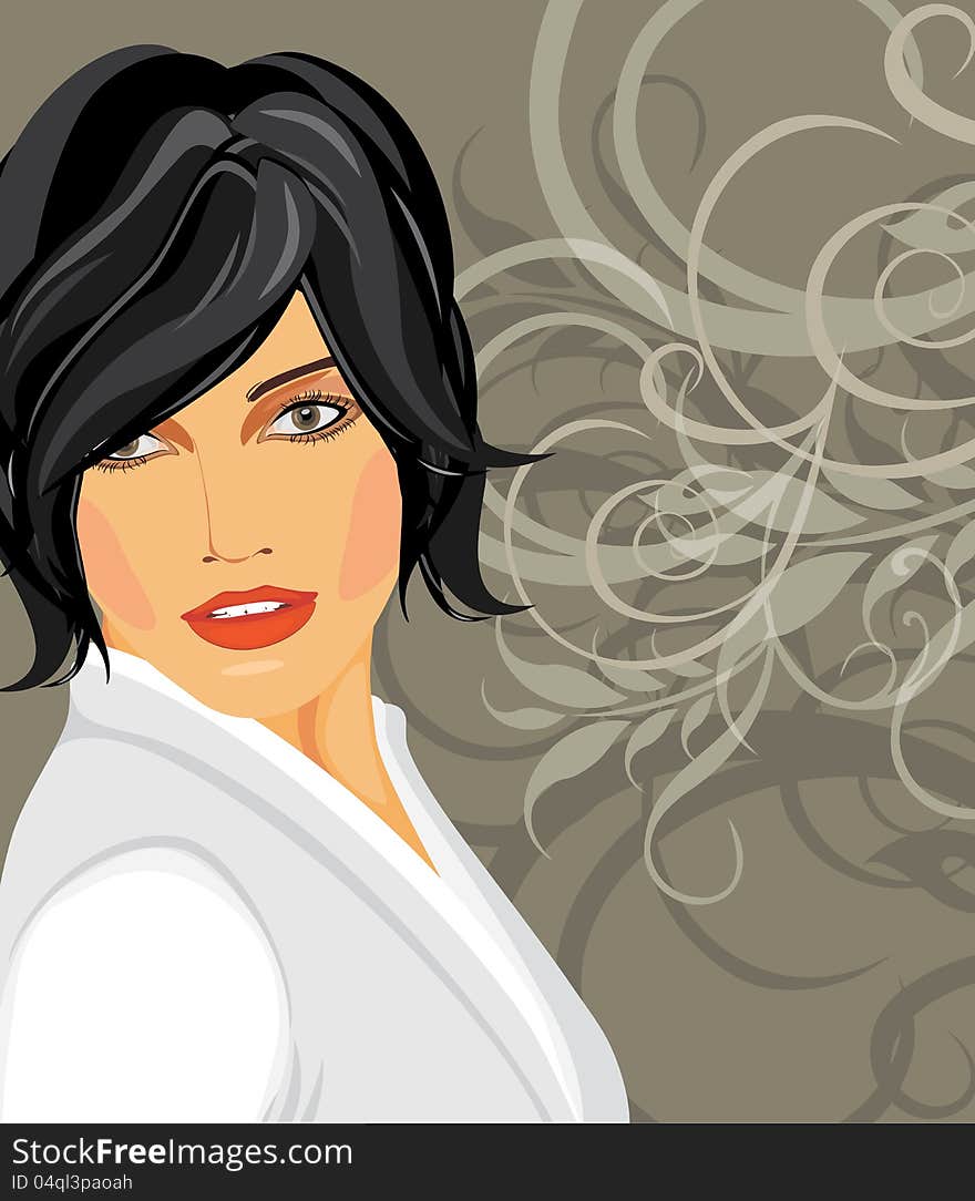 Portrait of brunette in a white blouse on the decorative background. Illustration