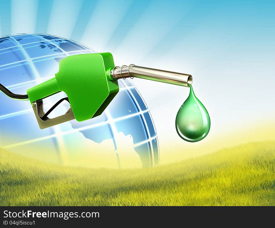 A gas nozzle with a drop of some eco-friendly fuel. Digital illustration. A gas nozzle with a drop of some eco-friendly fuel. Digital illustration.
