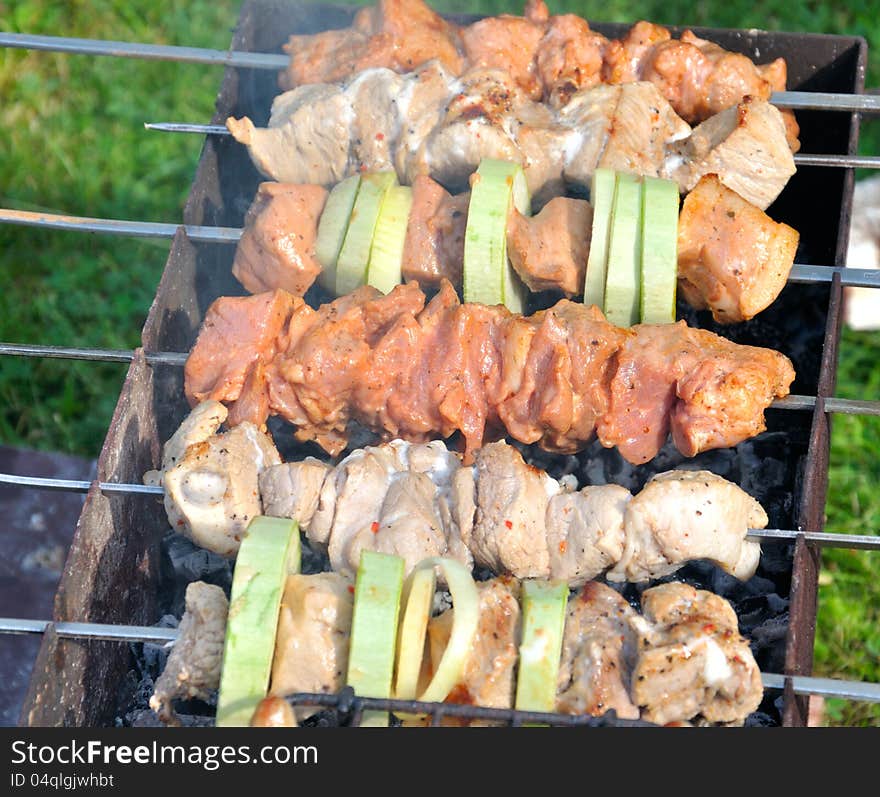 Tasty grill kebab on a charcoal with onion