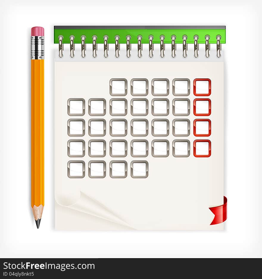 Wooden sharp pencil and notebook calendar, vector illustration. Wooden sharp pencil and notebook calendar, vector illustration