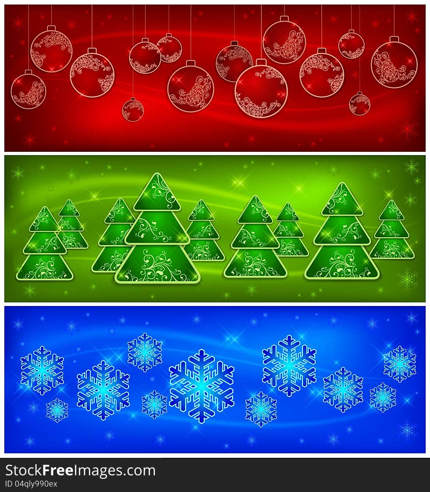 Background with baubles, trees, snowflakes