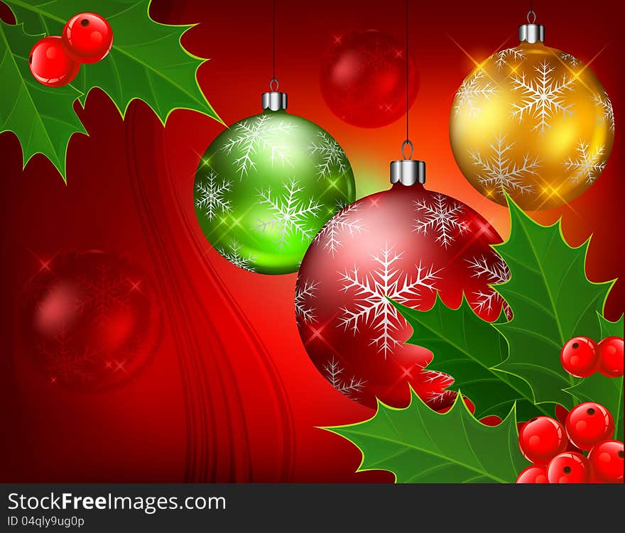 Baubles And Berry On Red Background