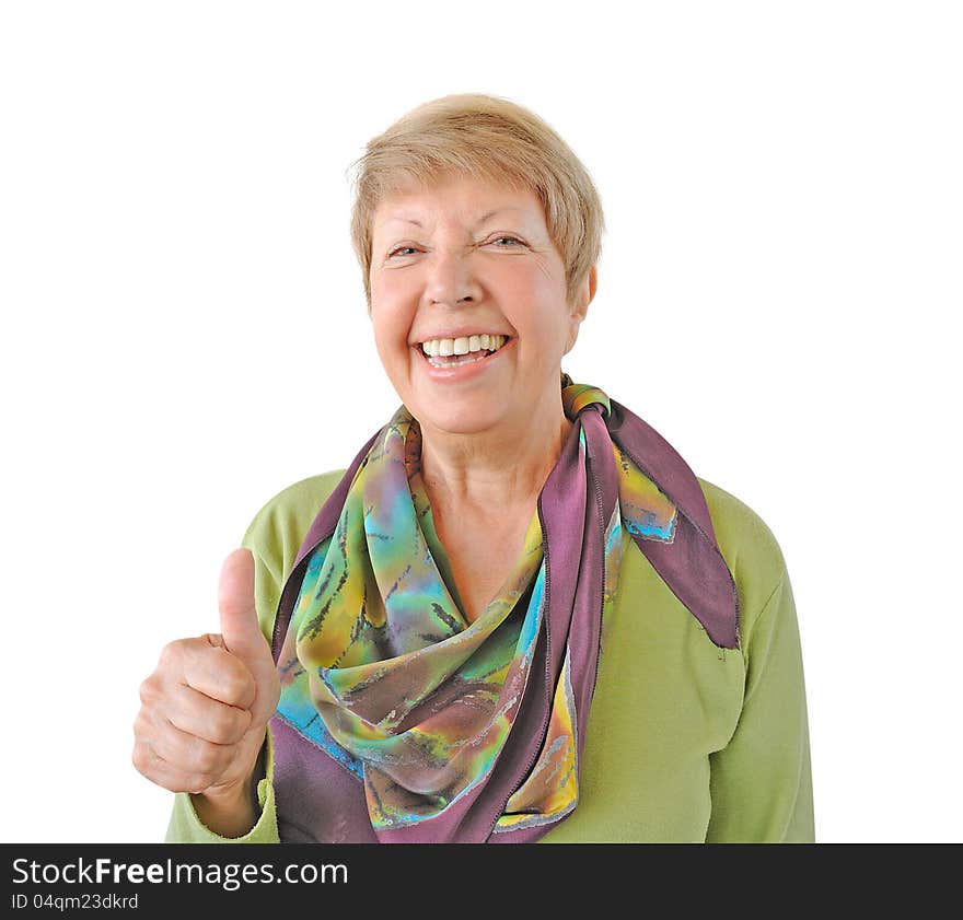 Smiling woman in green showing thumb up isolated on white background