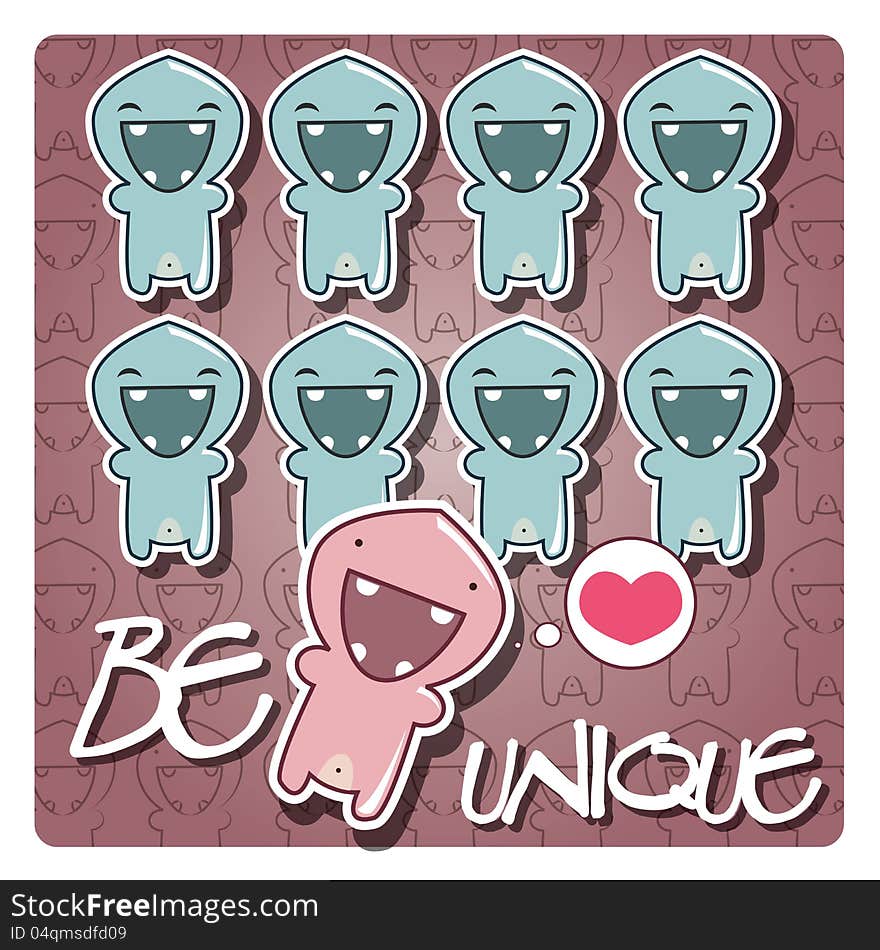 Card with cute cartoon monster character with a message to be unique and stand out from the crowd, vector