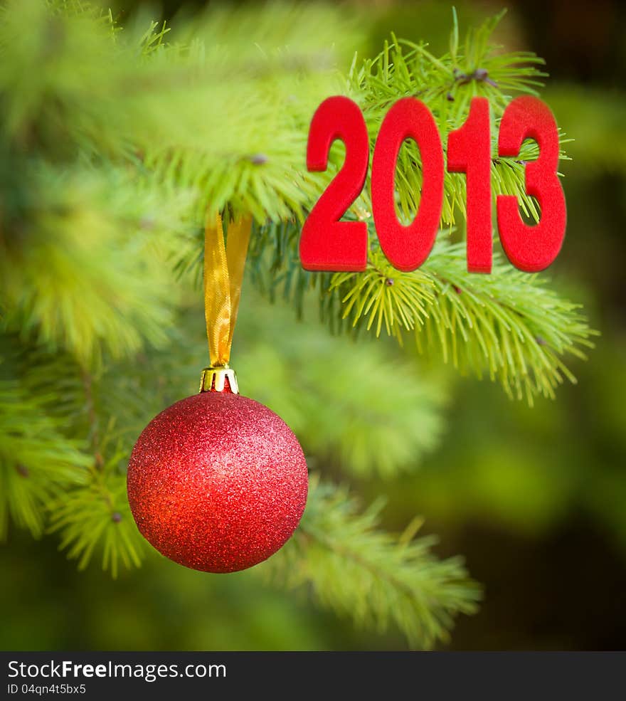 Red Christmas ball (xmas ball) on Christmas tree. Red Christmas ball (xmas ball) on Christmas tree