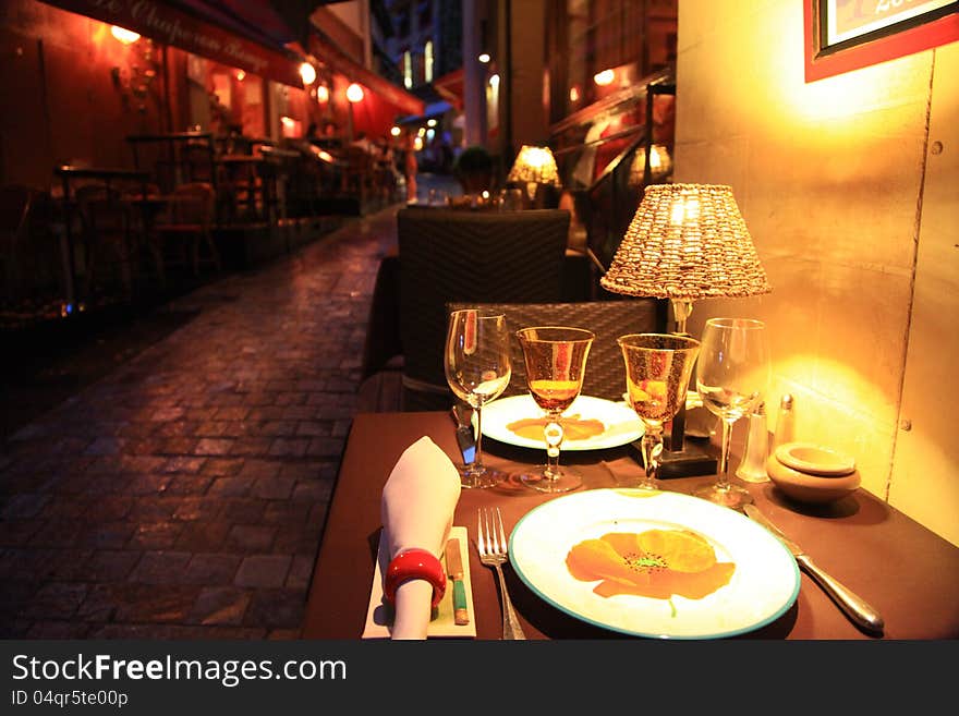 Night light decoration of the restaurant on the street in france