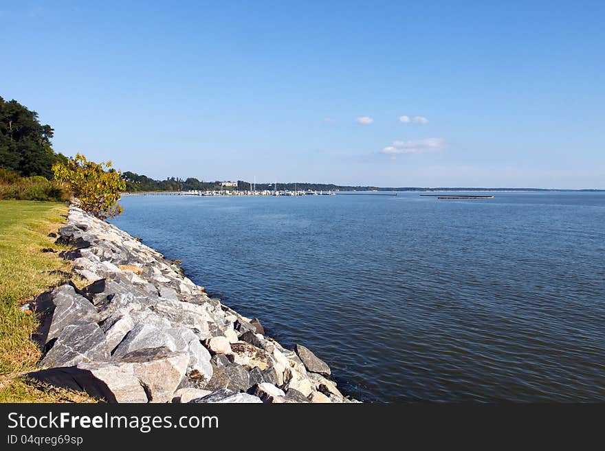 Break wall on hte James River, Virginia; with a marina in the background