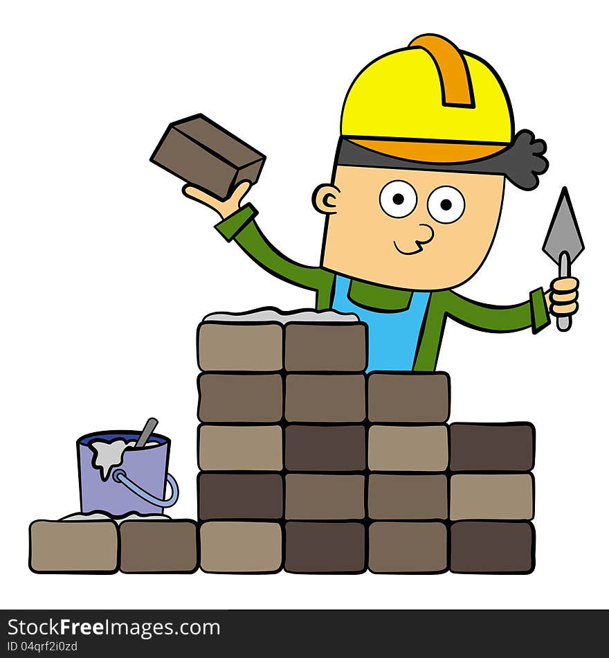 A cartoon illustration of a bricklayer who is currently building a wall