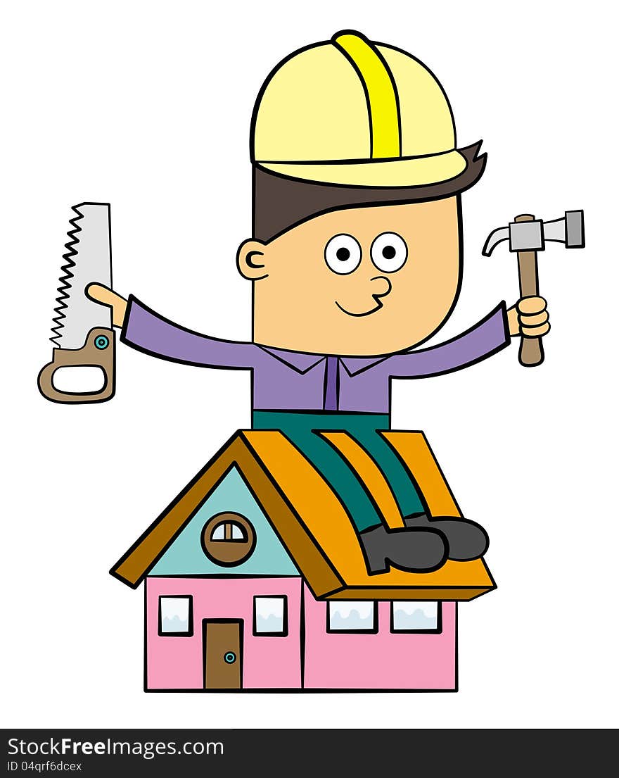 An illustration of a construction worker sitting on a little house. An illustration of a construction worker sitting on a little house