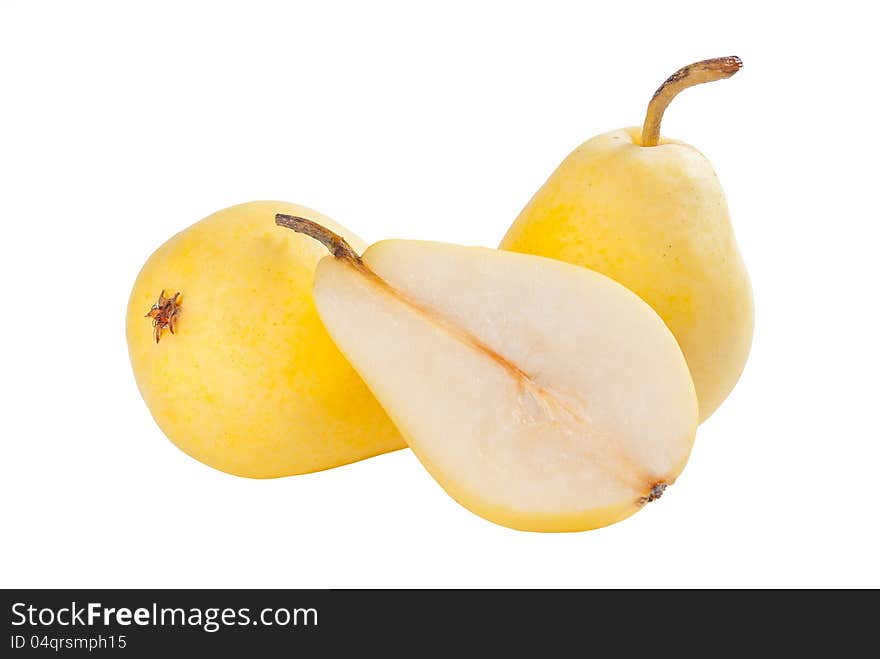 Whole and half ripe yellow pears isolated on white background. Whole and half ripe yellow pears isolated on white background