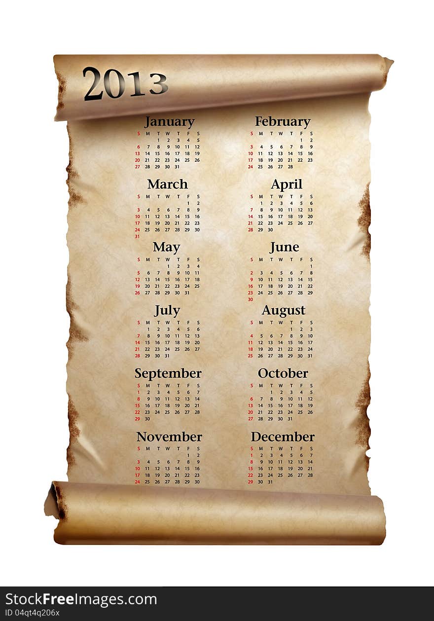 Calendar 2013. Scroll of old paper