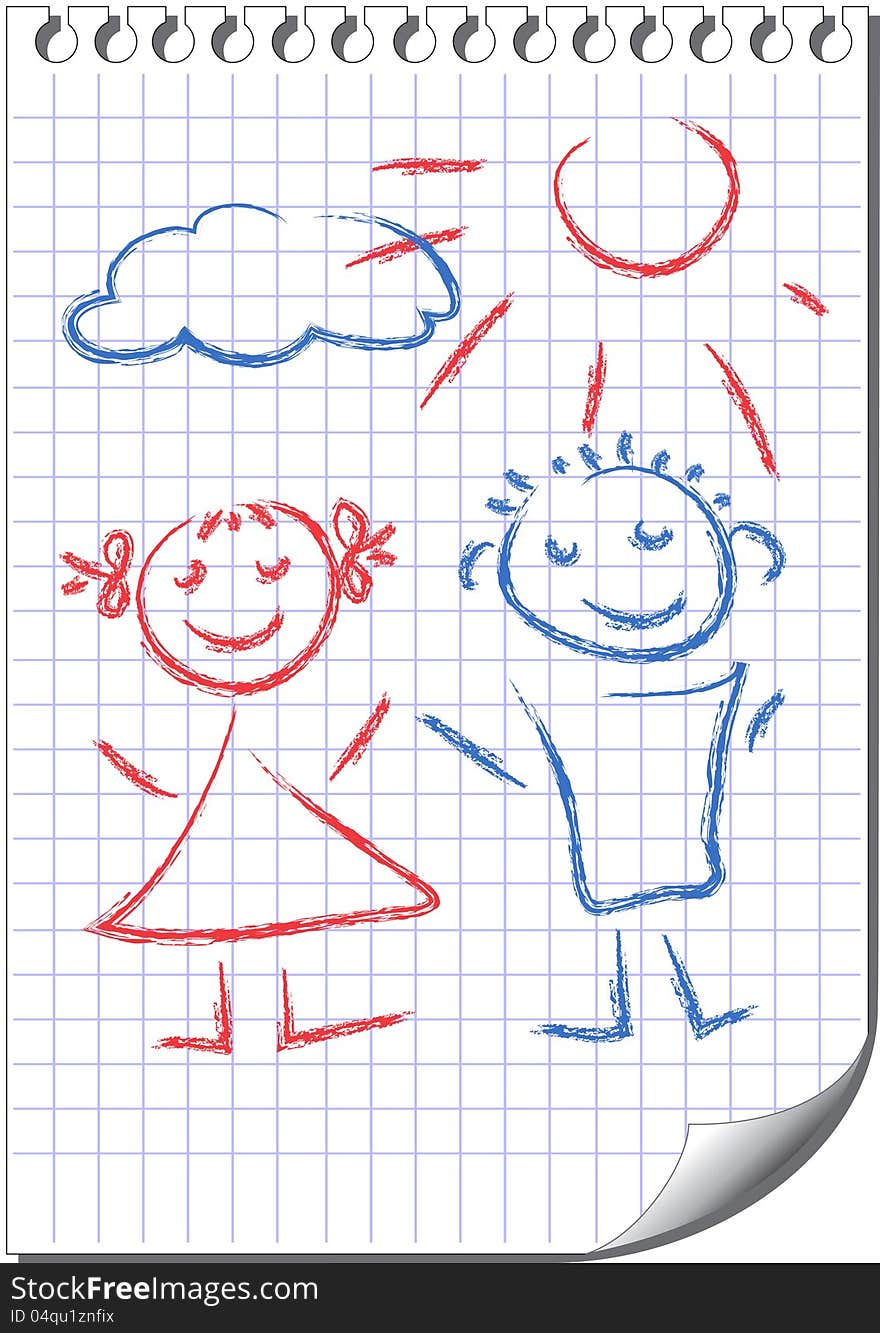 Vector cartoon romantic couple. Sketch on notebook page