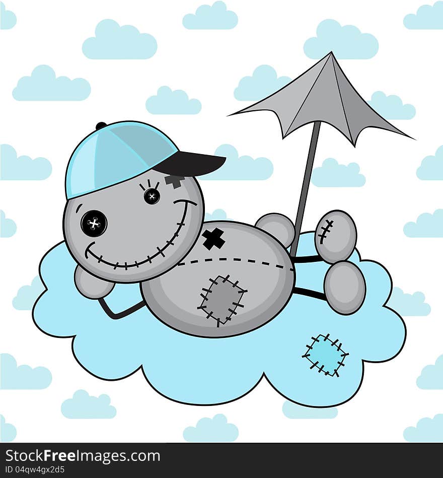 Monster boy on a cloud under the umbrella