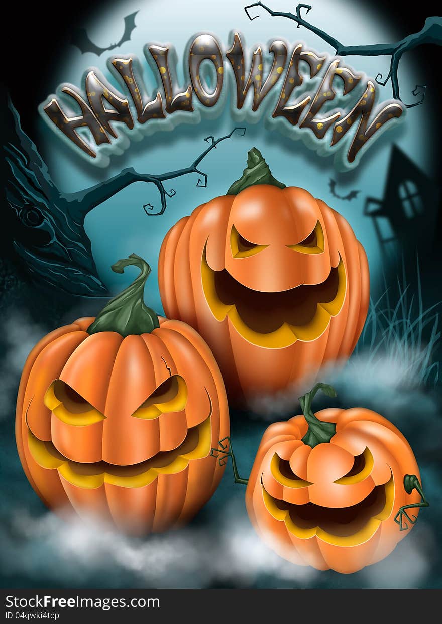 Illustration on a Halloween theme. On a dark background in a pale blue glare of the autumn moon three bright orange pumpkins. These pumpkins smiling wickedly, hiding in clouds of mist. In the background on the left - knotty tree, its branches like gnarled fingers terrible, on the right in the distance - an abandoned old house and bats. Illustration on a Halloween theme. On a dark background in a pale blue glare of the autumn moon three bright orange pumpkins. These pumpkins smiling wickedly, hiding in clouds of mist. In the background on the left - knotty tree, its branches like gnarled fingers terrible, on the right in the distance - an abandoned old house and bats.