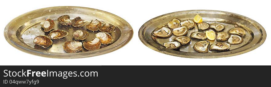 Closed and openly fresh oysters on a silver trays