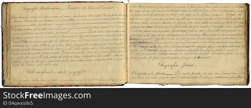 Geography notebook hand written in italian language, dated 1865. Geography notebook hand written in italian language, dated 1865.