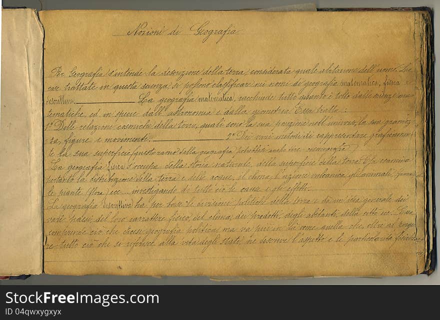 Geography notebook hand written in italian language, dated 1865. Title written on the top: nozioni di geografia (notions of geography). Geography notebook hand written in italian language, dated 1865. Title written on the top: nozioni di geografia (notions of geography)