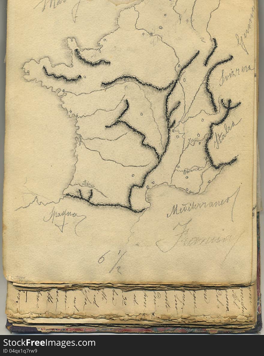 An original antique map of France. This is the page of an old italian geography notebook, dated nearly 1865. An original antique map of France. This is the page of an old italian geography notebook, dated nearly 1865.