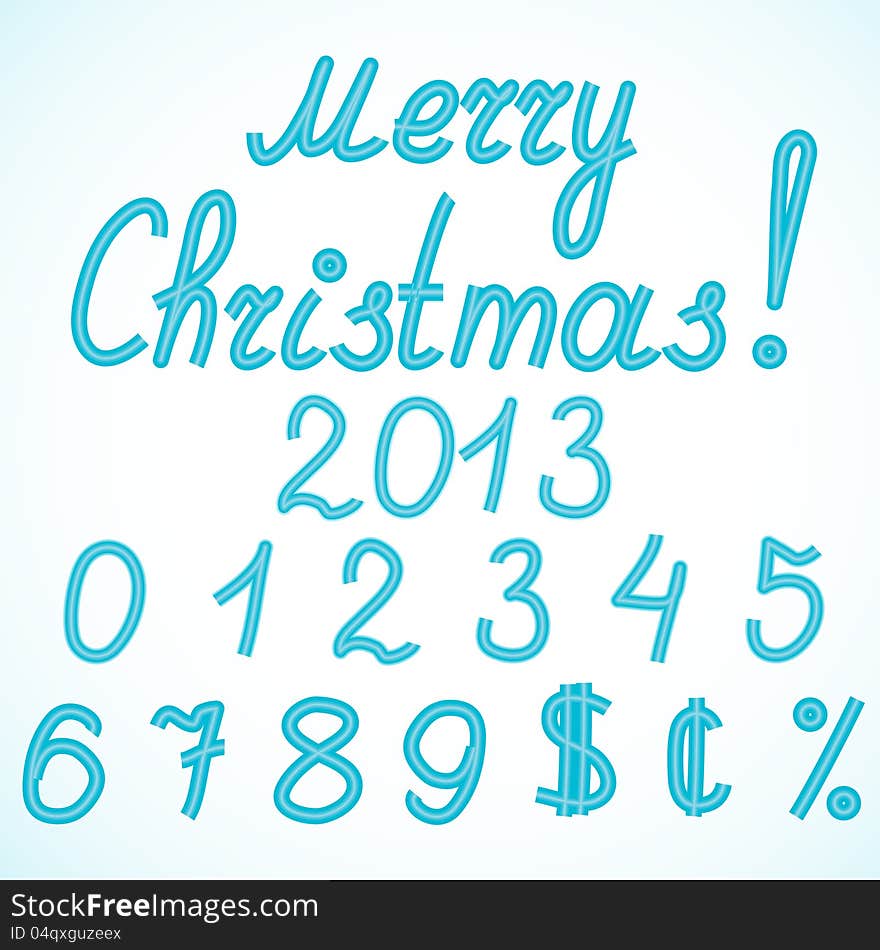 Volume neon numbers, signs and inscription Merry Christmas