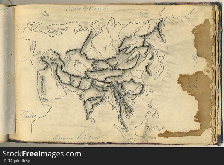 An original antique map of Asia. This is the page of an old italian geography notebook, dated nearly 1865. An original antique map of Asia. This is the page of an old italian geography notebook, dated nearly 1865.