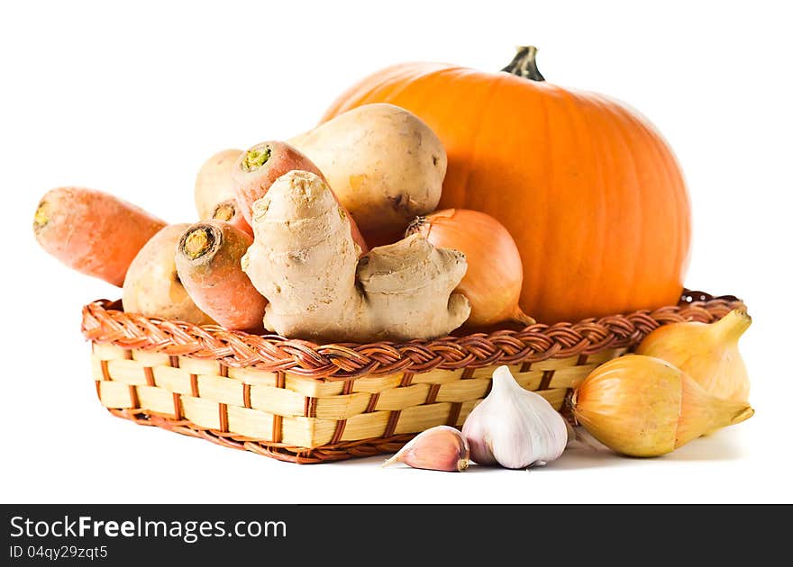 Vegetables for preparation of pumpkin soup , white background