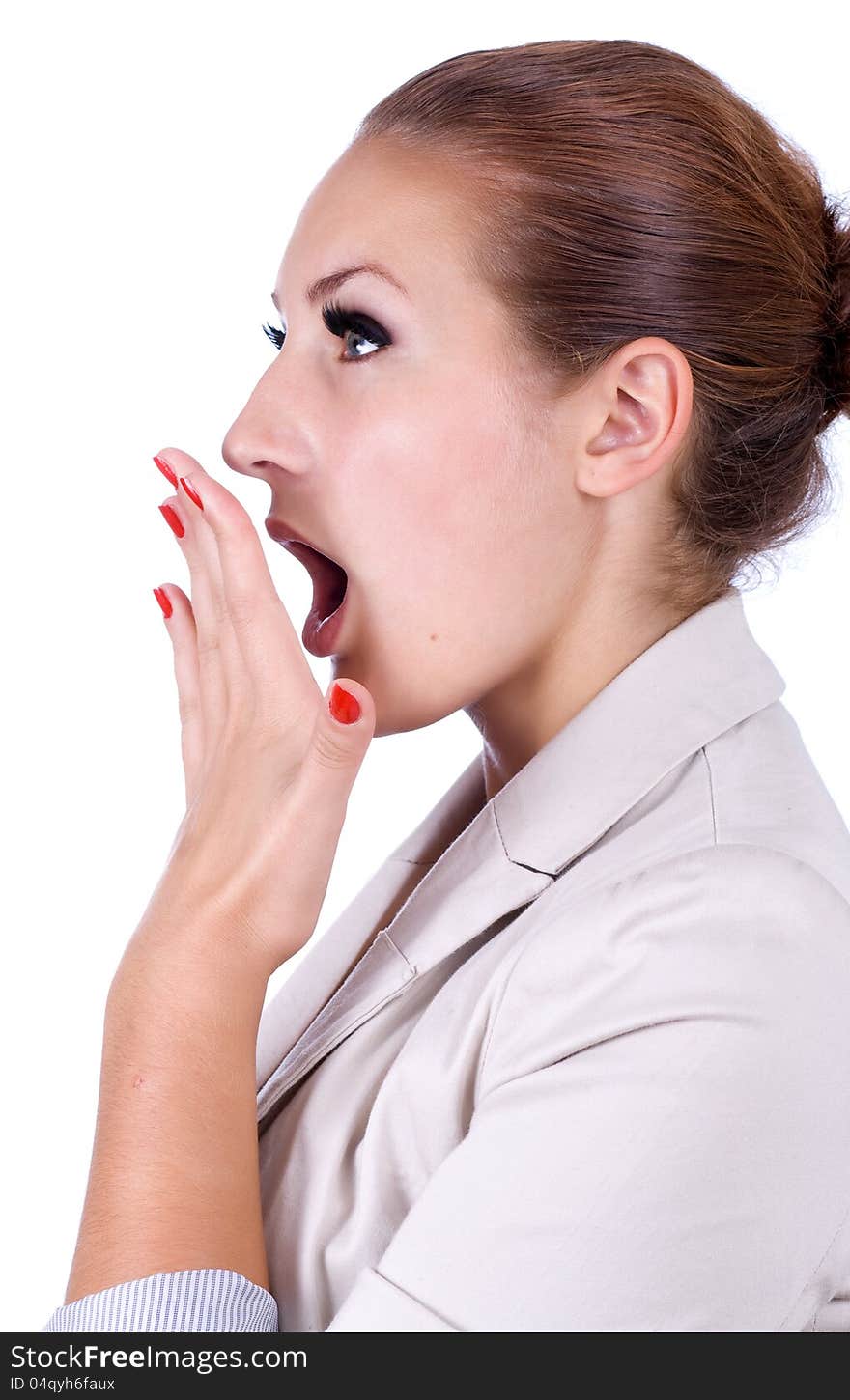 Portrait of a surprised young woman, isolated against white background