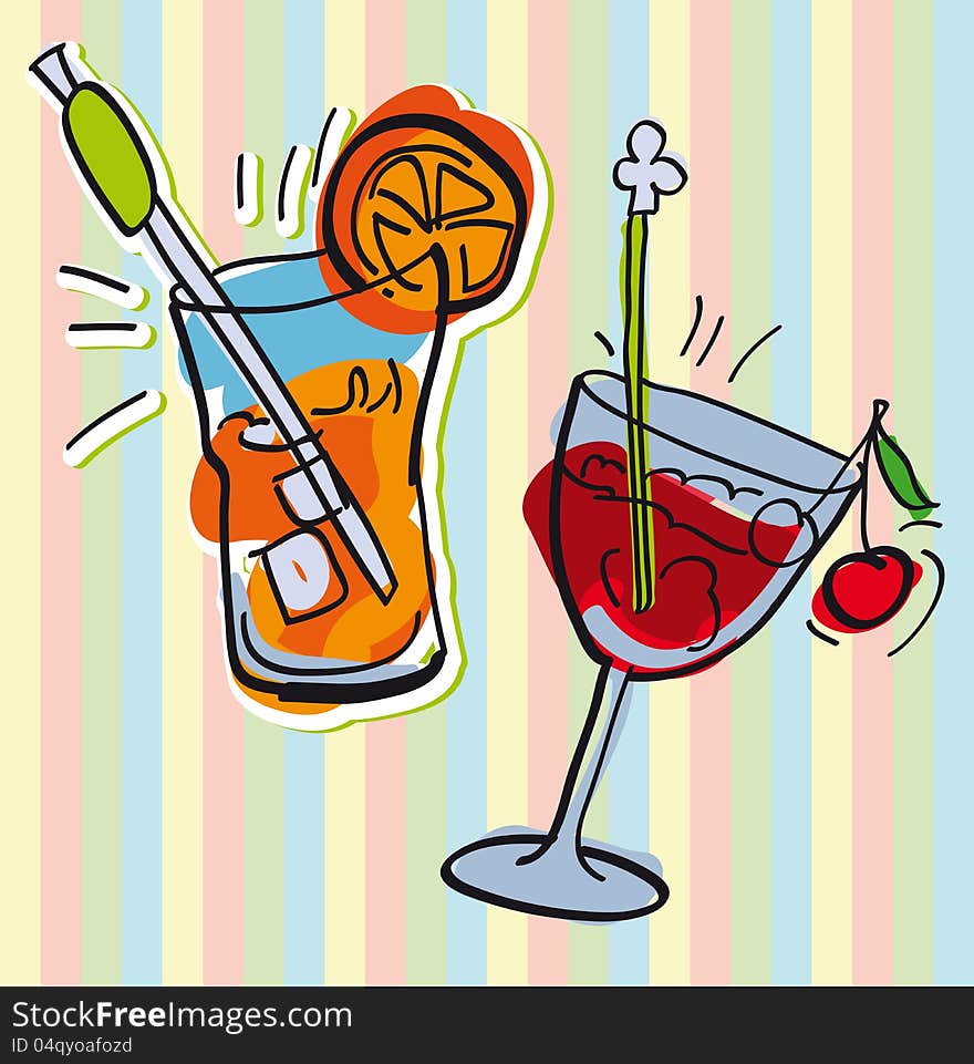 Vector glasses with a cocktail on a colorful background. Vector glasses with a cocktail on a colorful background