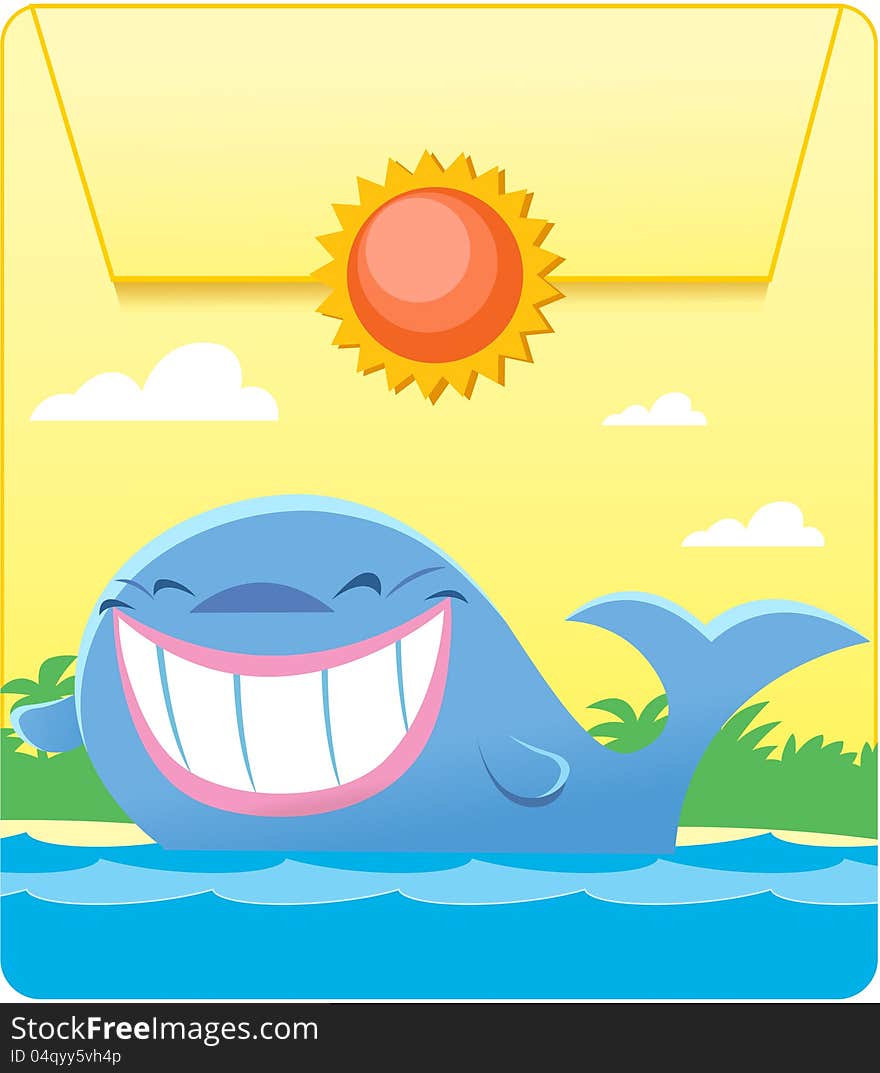 Illustration made in the form of a pocket with a button. The figure show a funny blue whale in the sea. Illustration done in cartoon style on separate layers. Illustration made in the form of a pocket with a button. The figure show a funny blue whale in the sea. Illustration done in cartoon style on separate layers.