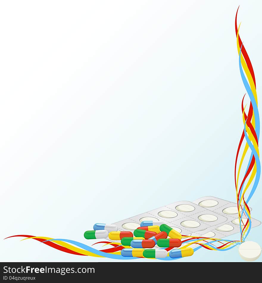 Tablets and capsules of medicine against the background of an abstract pattern. Tablets and capsules of medicine against the background of an abstract pattern.