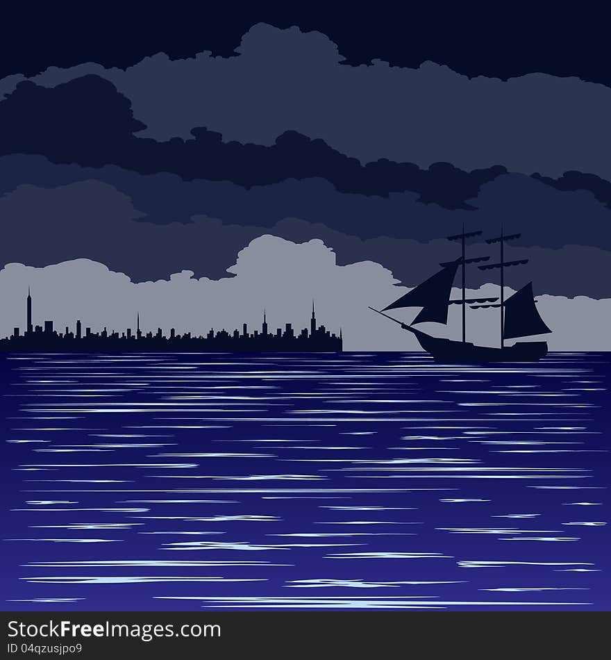 Marine night landscape. Old sailing ship at sea. Marine night landscape. Old sailing ship at sea.