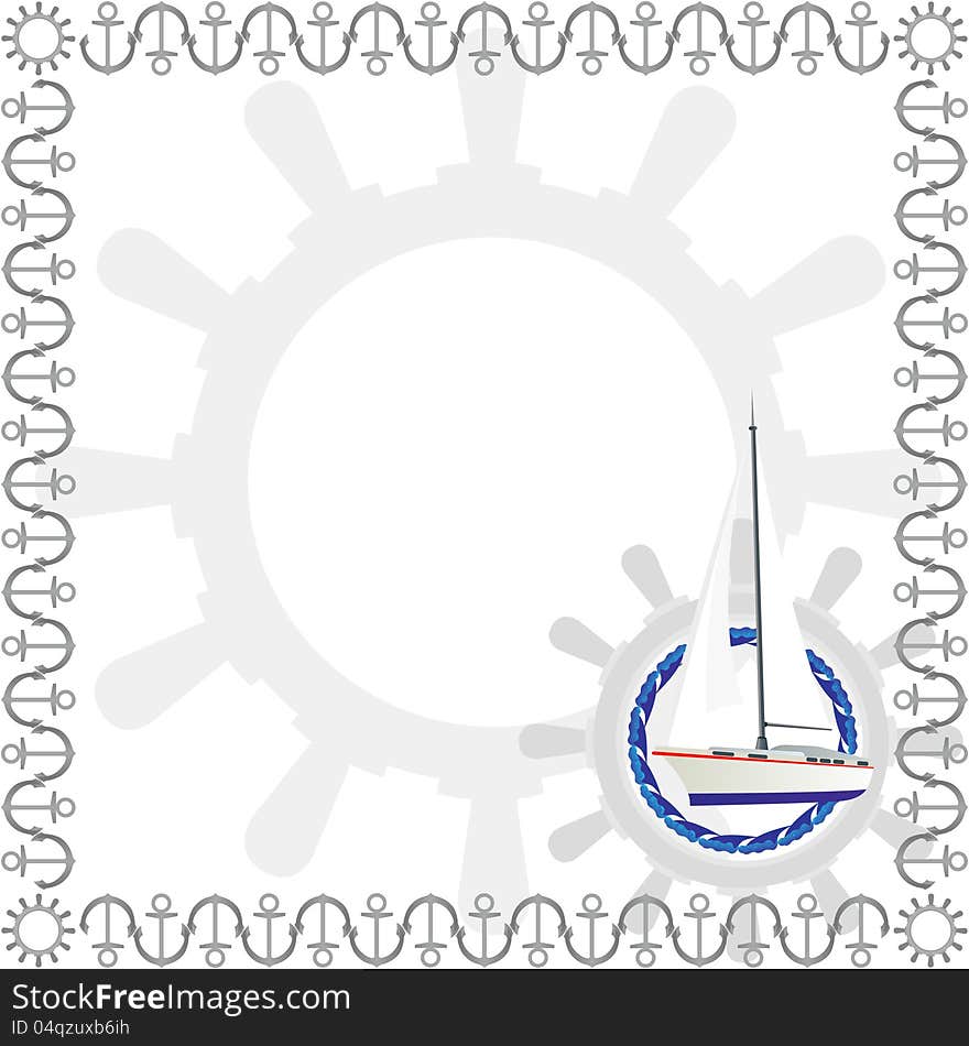 Sailing yacht in the background of the ships wheel in the frame of the anchors. Sailing yacht in the background of the ships wheel in the frame of the anchors.