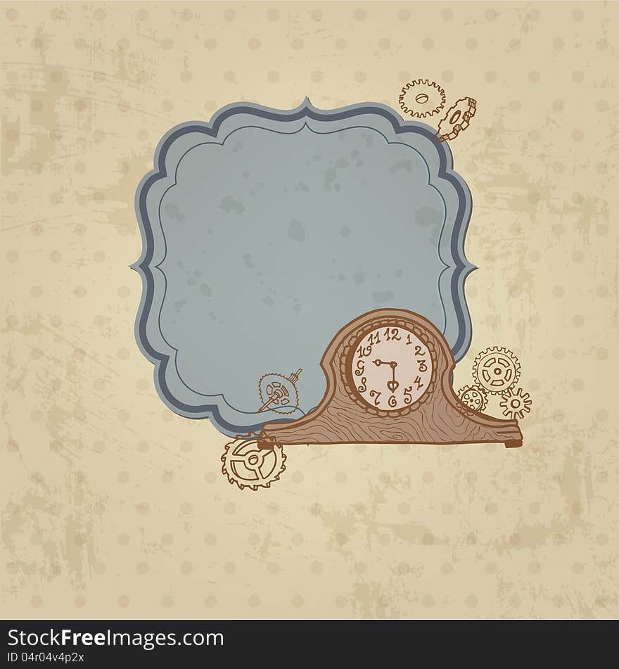 Vintage Card with Doodle Clock and gear - hand drawn in