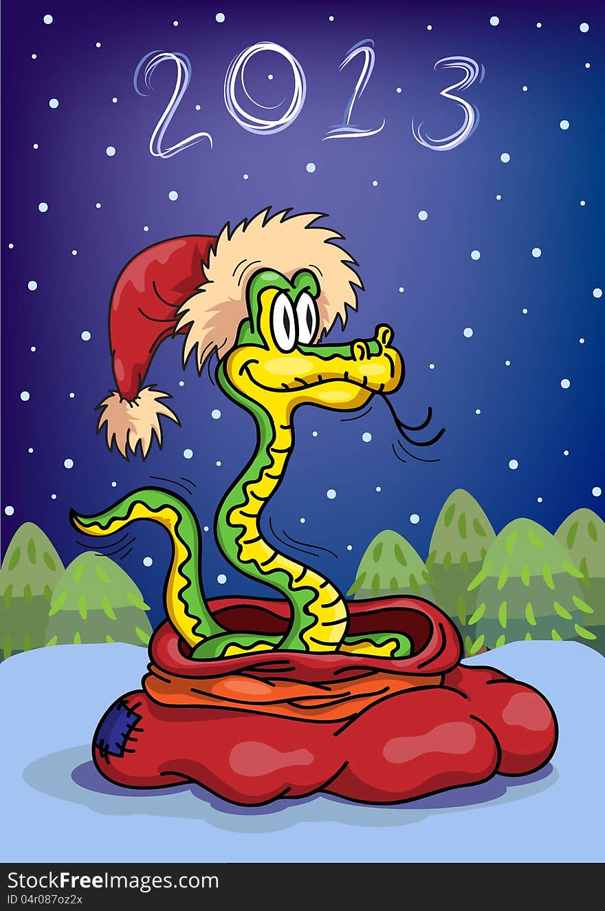 Snake with attributes of Santa Claus on a background of a winter landscape. Snake with attributes of Santa Claus on a background of a winter landscape