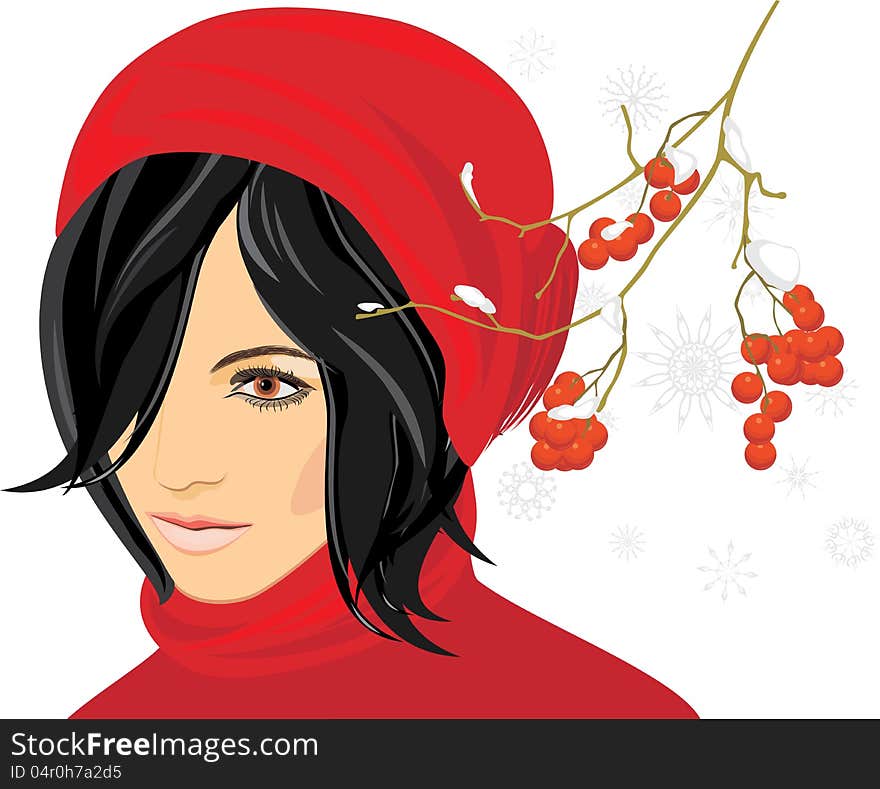 Portrait of brunette in a red knitted cap with rowan branch in the snow. Illustration