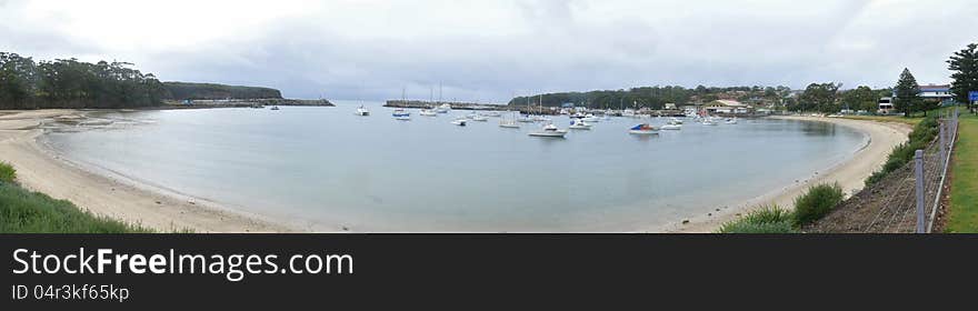 Australia, New South Wales. Panorama of the small bay with sailboats.