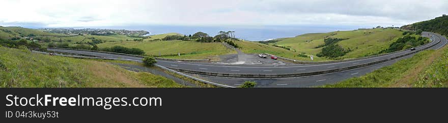 Australia, near Sidney. Panorama of ocean with road.