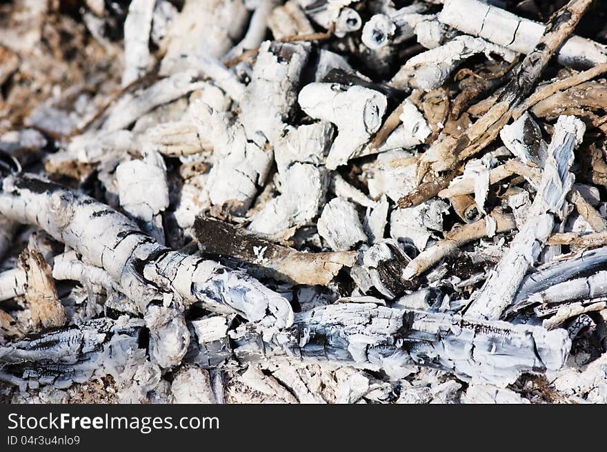 Charcoal and white ash of extinguished bonfire under sunlight close-up view