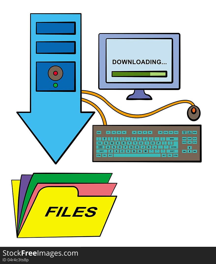 A computer unit shaped like an arrow pointing downwards to a folder. A computer unit shaped like an arrow pointing downwards to a folder