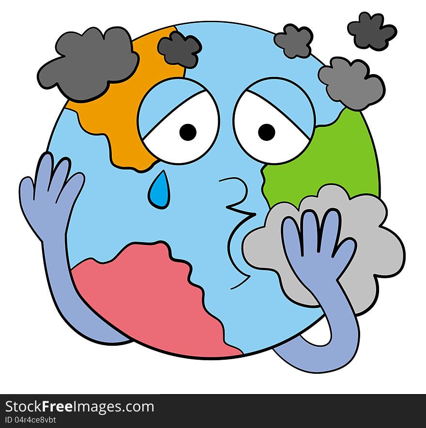 A cartoon planet earth with a face, coughing while surrounded by smoke. A cartoon planet earth with a face, coughing while surrounded by smoke