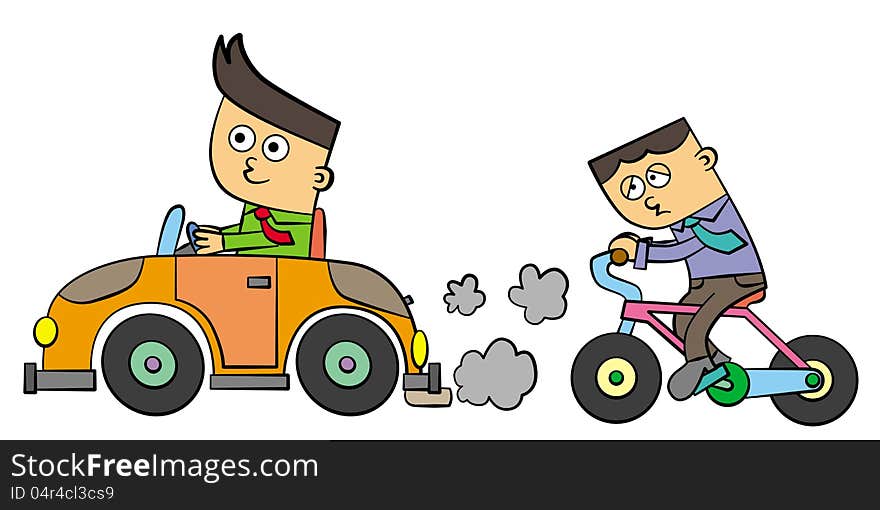 A business man happily drives in a car while the other looks very frustrated while riding a bicycle. A business man happily drives in a car while the other looks very frustrated while riding a bicycle