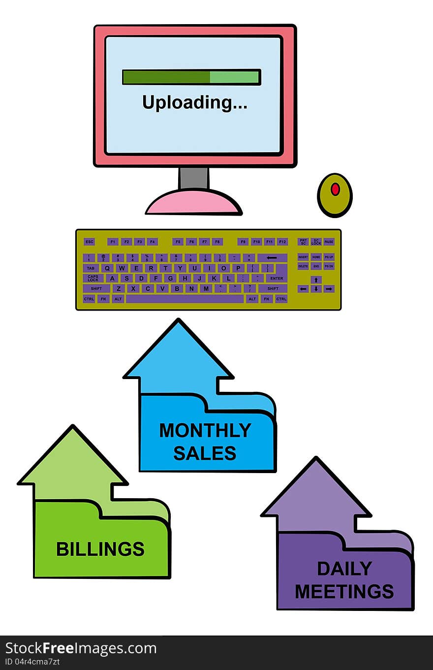 A group of folders shaped like an arrow pointing upwards to a computer. A group of folders shaped like an arrow pointing upwards to a computer