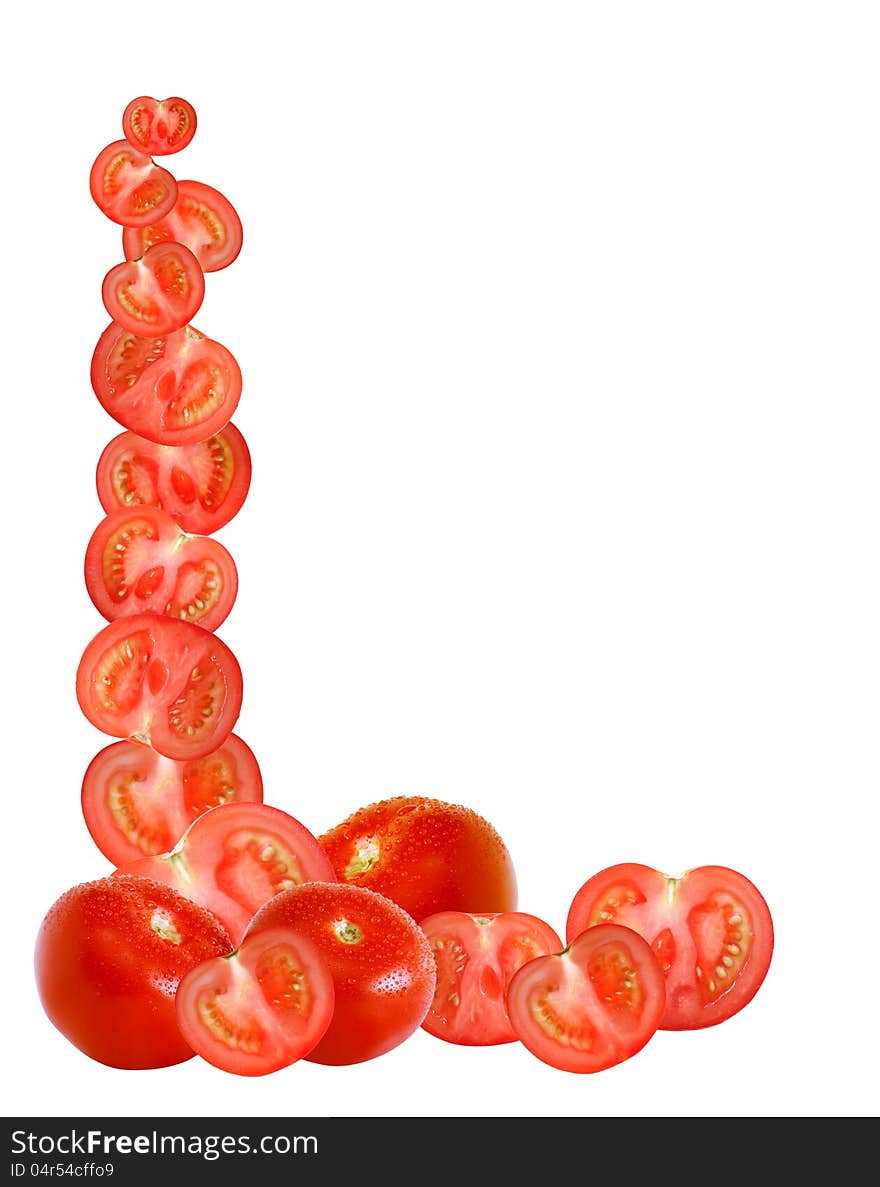 Border made from freshness sliced tomatoes on white background. Border made from freshness sliced tomatoes on white background