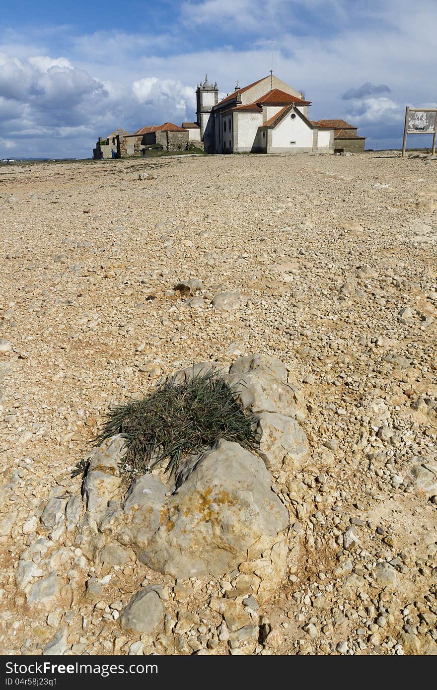 View of the religious sanctuary of Cape Espichel, Sesimbra, Portugal.